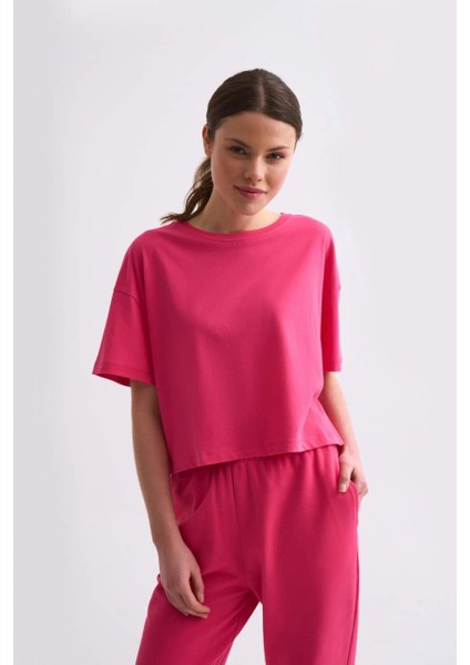 Regular Fit Kısa Kollu Kadın Crop Tişört - Pembe Pembe - Xs