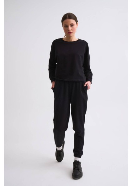 Uzun Kollu Kadın Crop Sweatshirt - Siyah Siyah - S