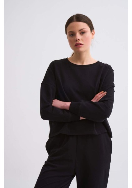 Uzun Kollu Kadın Crop Sweatshirt - Siyah Siyah - S fırsatları