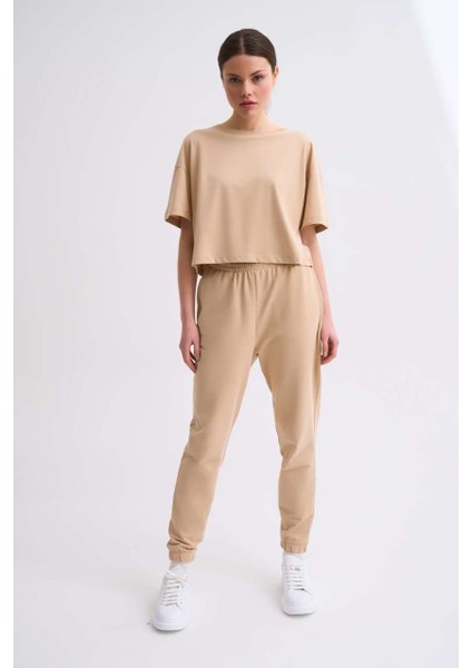 Cepli Regular Fit Bağcıklı Kadın Eşofman Altı - Bej Bej - S