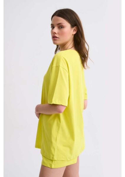 Regular Fit Kısa Kollu Kadın Tişört - Sarı Sarı - S indirimleri