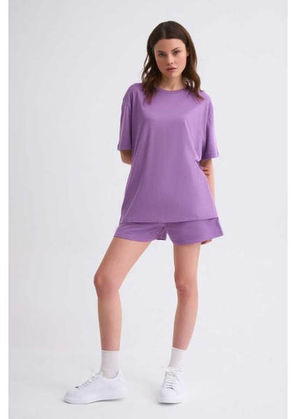 Regular Fit Kısa Kollu Kadın Tişört - Mor Mor - Xs