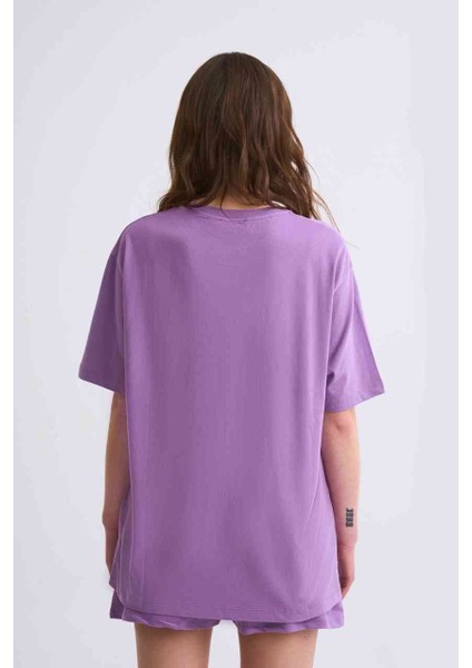 Regular Fit Kısa Kollu Kadın Tişört - Mor Mor - Xs