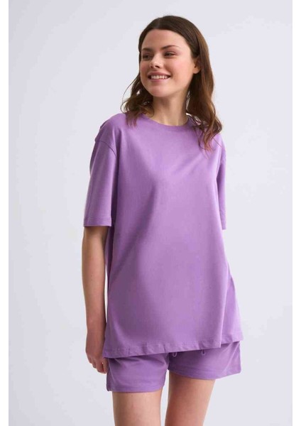 Regular Fit Kısa Kollu Kadın Tişört - Mor Mor - Xs