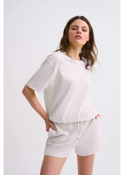 Cepli Regular Fit Bağcıklı Kadın Şort - Ekru Ekru - Xs