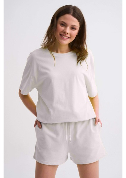 Cepli Regular Fit Bağcıklı Kadın Şort - Ekru Ekru - Xs
