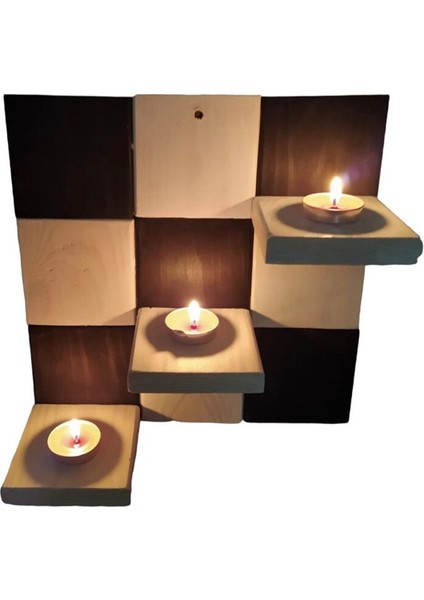 Ahşap Siyah Beyaz Duvar Çeçekliği Süsü Tealight Mum Mumluk Seti