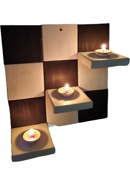 Ahşap Siyah Beyaz Duvar Çeçekliği Süsü Tealight Mum Mumluk Seti