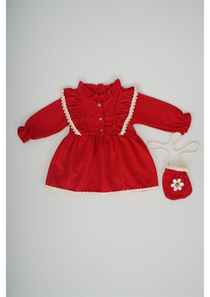 Kız Bebek Uzun Kol Papatya Desenli Çantalı Elbise