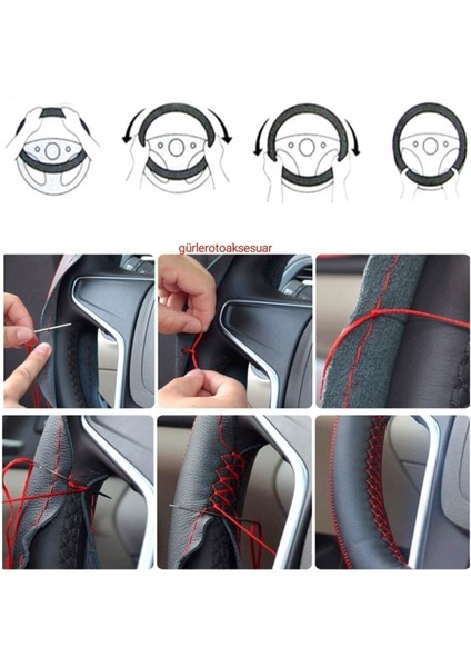 Opel Corsa D-E Kasa Dikmeli Direksiyon Kılıfı Noktalı Siyah Deri-Kırmızı Ipli ( 38CM×10CM )