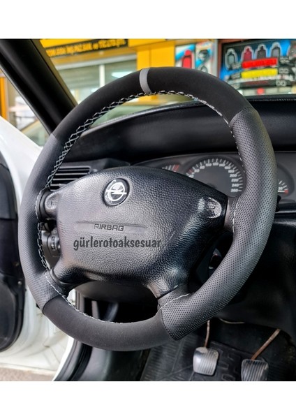 Opel Vectra B Dikmeli Direksiyon Kılıfı Gri Yüzüklü Noktalı Nubuk