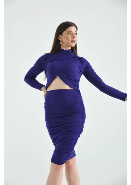 Mor Bodycon Büzgülü Midi Örme Etek