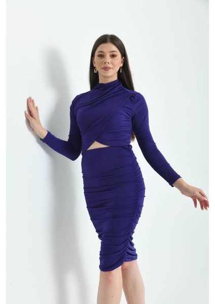 Mor Bodycon Büzgülü Midi Örme Etek