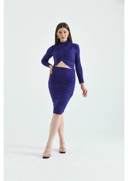 Mor Bodycon Büzgülü Midi Örme Etek indirimleri