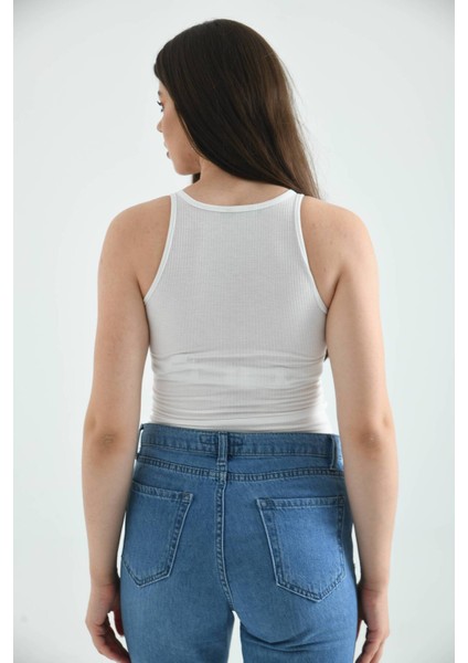 Beyaz Halter Yaka Çıtçıtlı Body