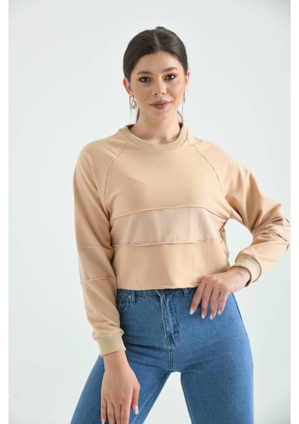 Bej Crop Ince Örme Sweatshirt