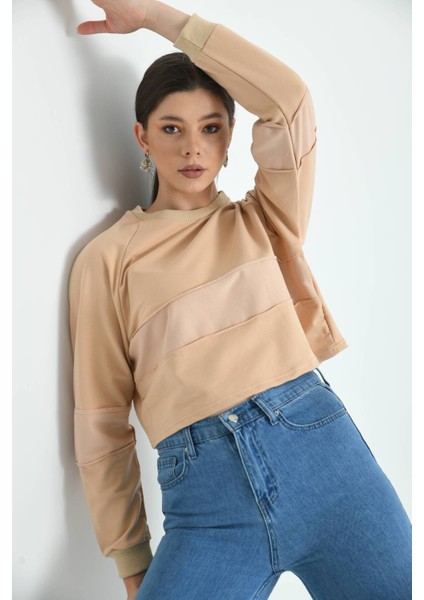 Bej Crop Ince Örme Sweatshirt