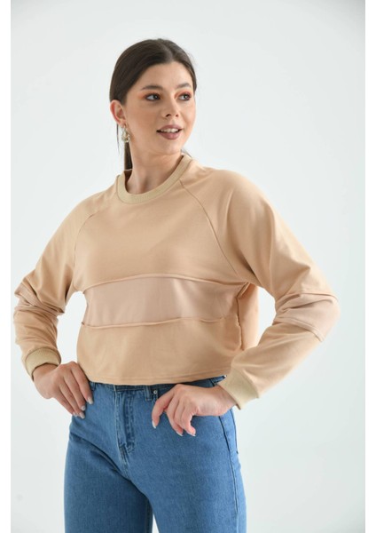 Bej Crop Ince Örme Sweatshirt