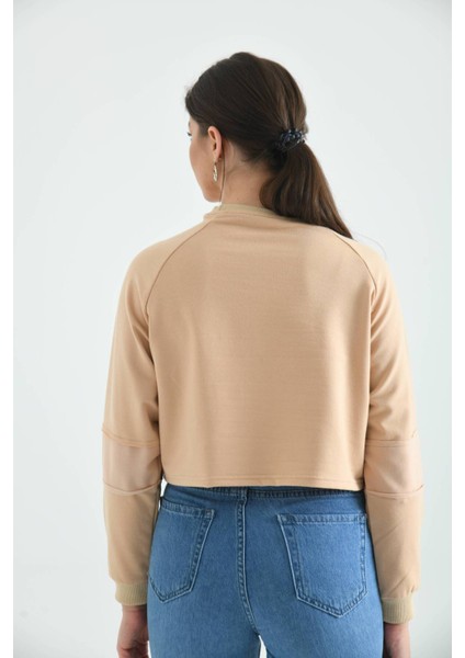 Bej Crop Ince Örme Sweatshirt