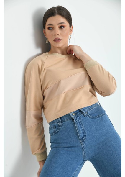 Bej Crop Ince Örme Sweatshirt