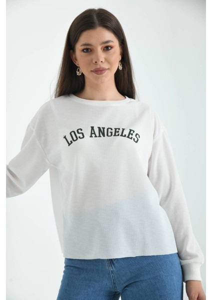 Ekru Los Angeles Baskılı Loose Waffle Örme Sweatshirt