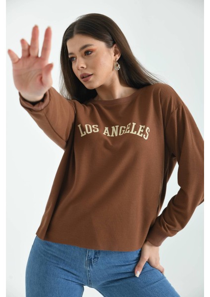 Kahverengi Los Angeles Baskılı Loose Waffle Örme Sweatshirt