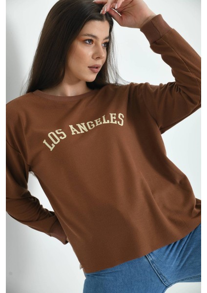 Kahverengi Los Angeles Baskılı Loose Waffle Örme Sweatshirt