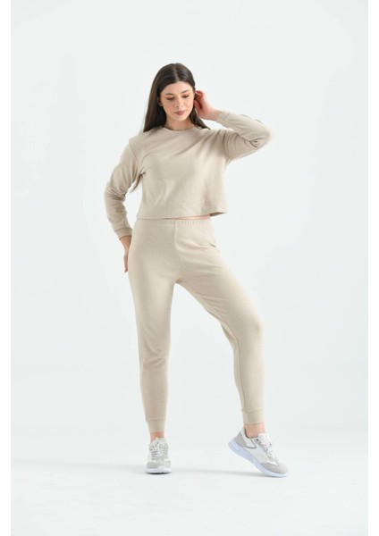 Bej Yumoş Kumaş Örme Pijama Takımı