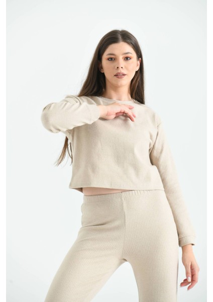 Bej Yumoş Kumaş Örme Pijama Takımı
