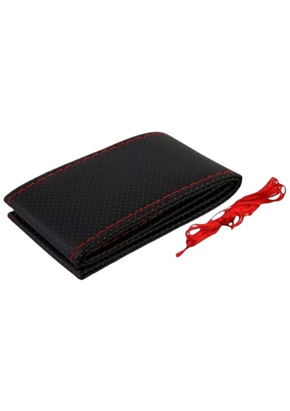 Opel Corsa D-E Kasa Dikmeli Direksiyon Kılıfı Noktalı Siyah Deri-Kırmızı Ipli ( 38CM×10CM )