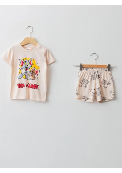 Bisiklet Yaka Kısa Kollu Tom ve Jerry Baskılı Pamuklu Erkek Bebek Pijama Takımı