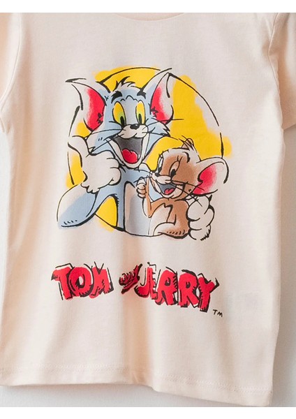 Bisiklet Yaka Kısa Kollu Tom ve Jerry Baskılı Pamuklu Erkek Bebek Pijama Takımı
