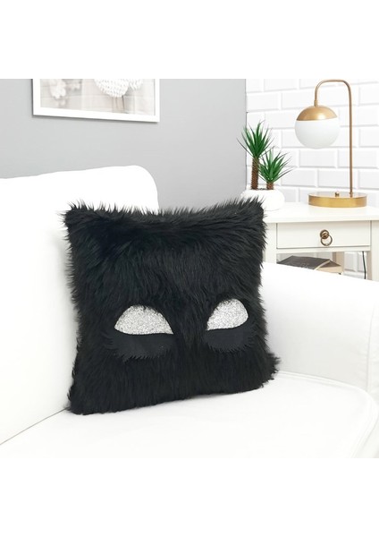 Peluş Kirpik Kırlent Kılıfı Siyah 43 x 43 Cm