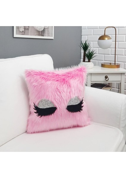 Peluş Kirpik Kırlent Kılıfı Pembe 40 x 40 Cm