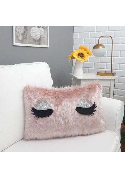 Peluş Kirpik Kırlent Kılıfı Pembe 35 x 55 Cm