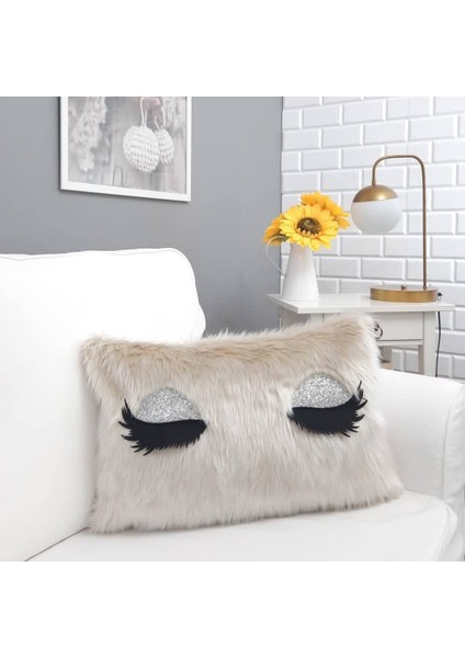 Peluş Kirpik Kırlent Kılıfı Pudra 35 x 55 Cm