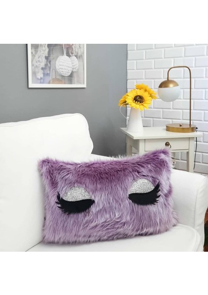 Peluş Kirpik Kırlent Kılıfı Eflatun 35 x 55 Cm