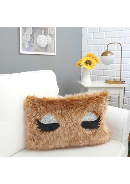 Peluş Kirpik Kırlent Kılıfı Açık Kahve 35 x 55 Cm