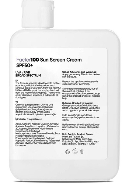 FACTOR100 SPF50+ Yüksek Korumalı Güneşten Koruyucu Krem 100 ml x 4 Adet