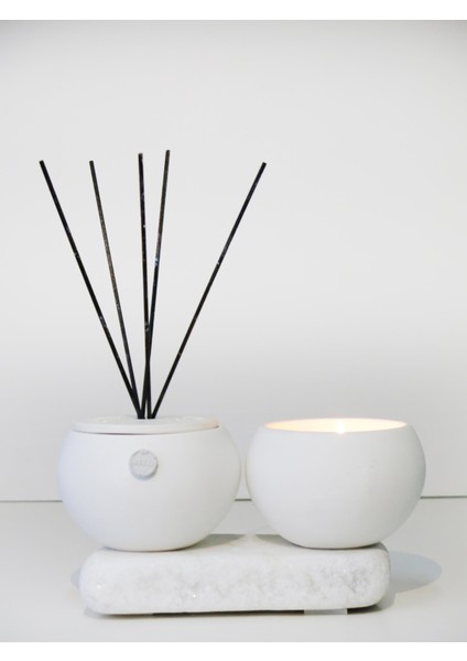 Taştan Yasemin Sandal Ekru Oval Oda Kokusu ve Vegan Mum Seti
