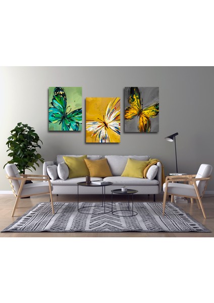 3 Parça Renkli Kelebekler Kanvas Tablo