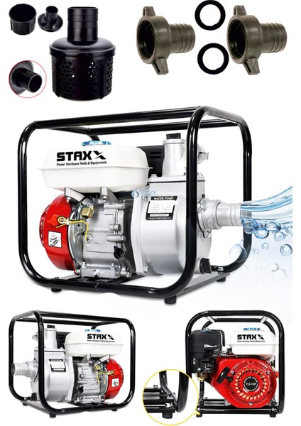 Staxx Power Stx20p 2 Parmak Metal Çift Çarklı Sistem Benzinli Su Pompası Motopump 7.5hp Güçlü Motor 7mt Emiş