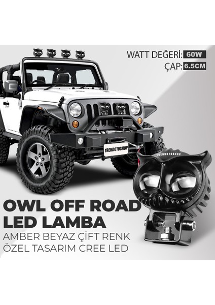 60W Özel Tasarım Owl Off Road Amber-Beyaz Çift Renk Off Road LED Sis Lambası (1 Adet)