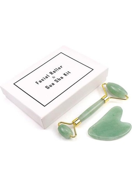 Jade Roller ve Gua Sha Tahta Kiti Yüz Masajı Doğal Taş Vücut Kazanım Cilt Bakım Araçları (Yeşil) (Yurt Dışından)