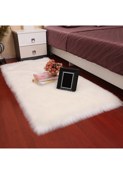 Lüks Faux Kürk Alan Kilim Yatak Odası Başucu Halı Mat Kanepe Tezgah Kaymaz Beyaz 60X120 cm