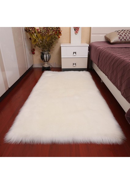 Lüks Faux Kürk Alan Kilim Yatak Odası Başucu Halı Mat Kanepe Tezgah Kaymaz Beyaz 60X120 cm