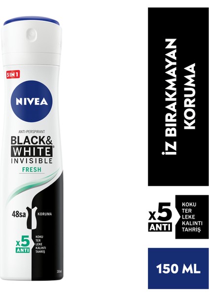 Kadın Sprey Deodorant Black&White Fresh Invisible 150ml48 Saat Anti-perspirant Koruma