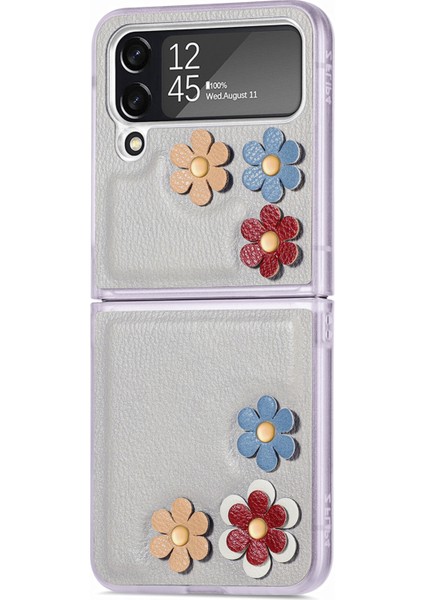 Samsung Galaxy Z Flip4 Gri Için 3D Çiçek Katlanır Deri Kılıf (Yurt Dışından)