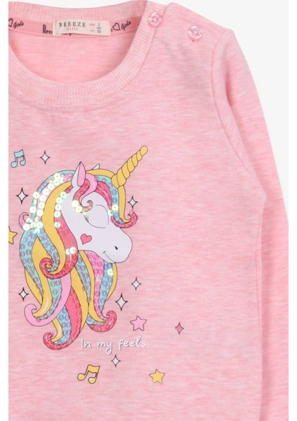 Kız Çocuk Sweatshirt Baskılı Pullu Unicorn Somon Melanj (2-6 Yaş)