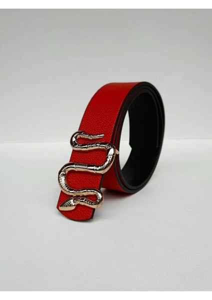 Yılan Tokalı Kadın Kırmızı Kemer Gold Toka KX0004